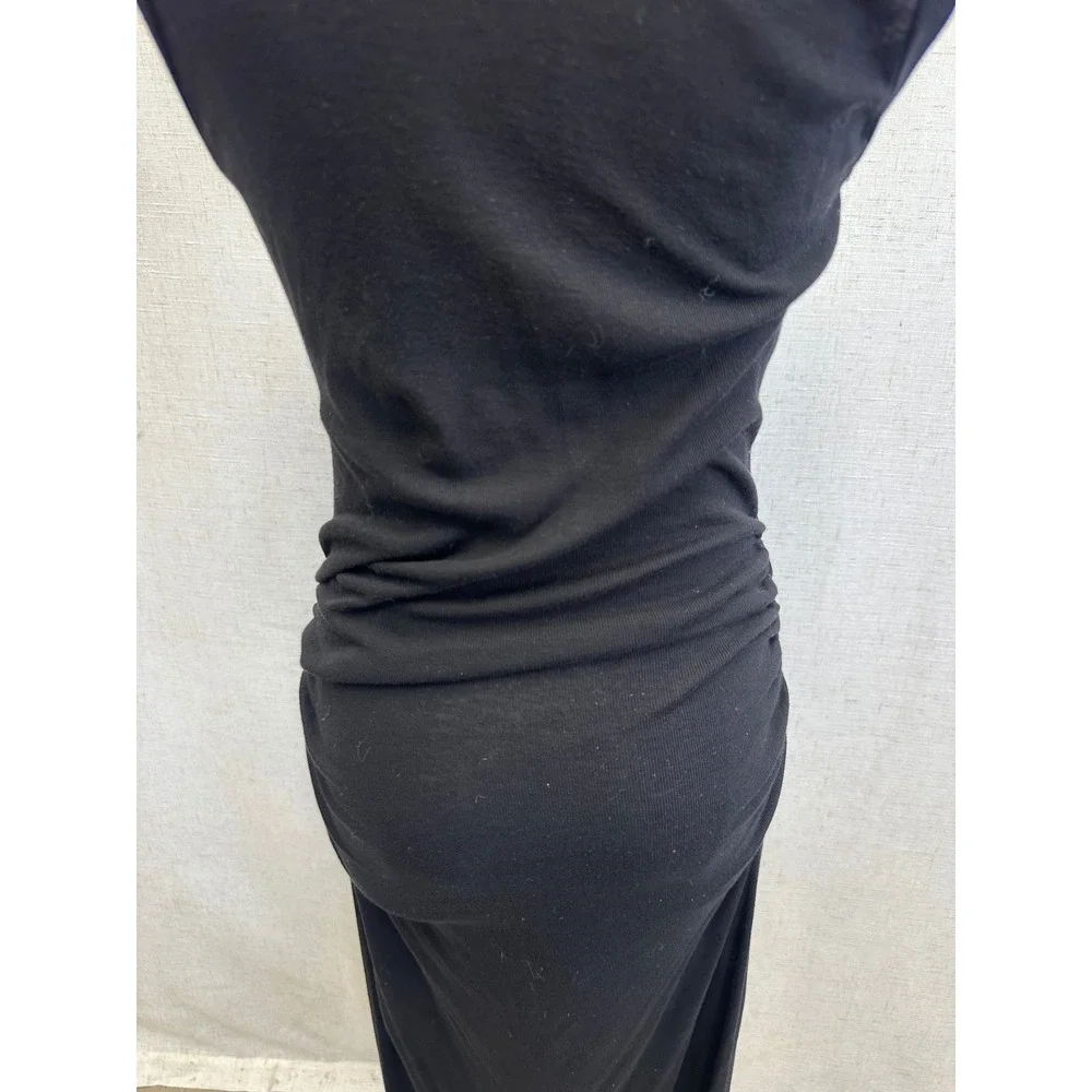 James Perse Tencel Solid Black Ruched Midi Dress Womens Size 3 Minimalist LBD